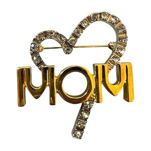 Gold Rhinestone Heart MOM Brooch NEW